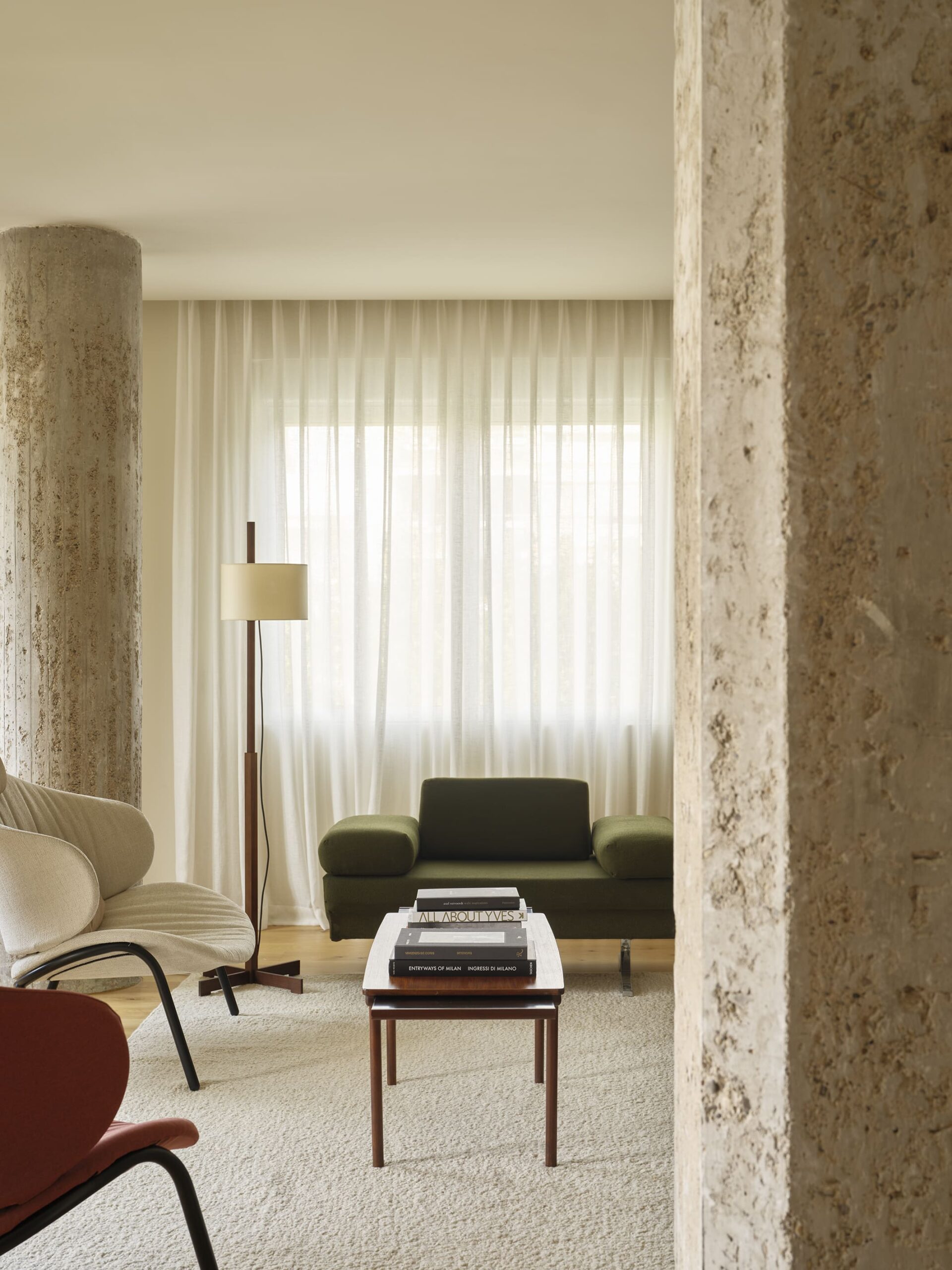 Mid-century modern living room with exposed concrete structure